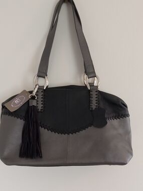 Two-Tone Gray and Black Shoulder Bag with Tassel Accent